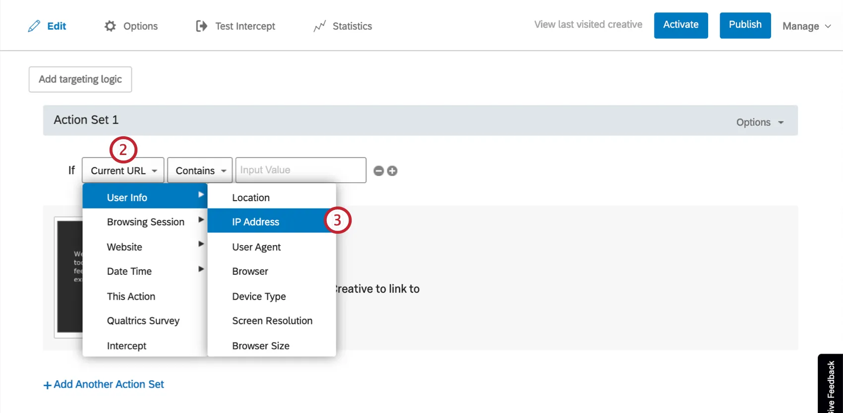 Dropdown for first field of logic; User Info is highlighted and IP address is indicated.