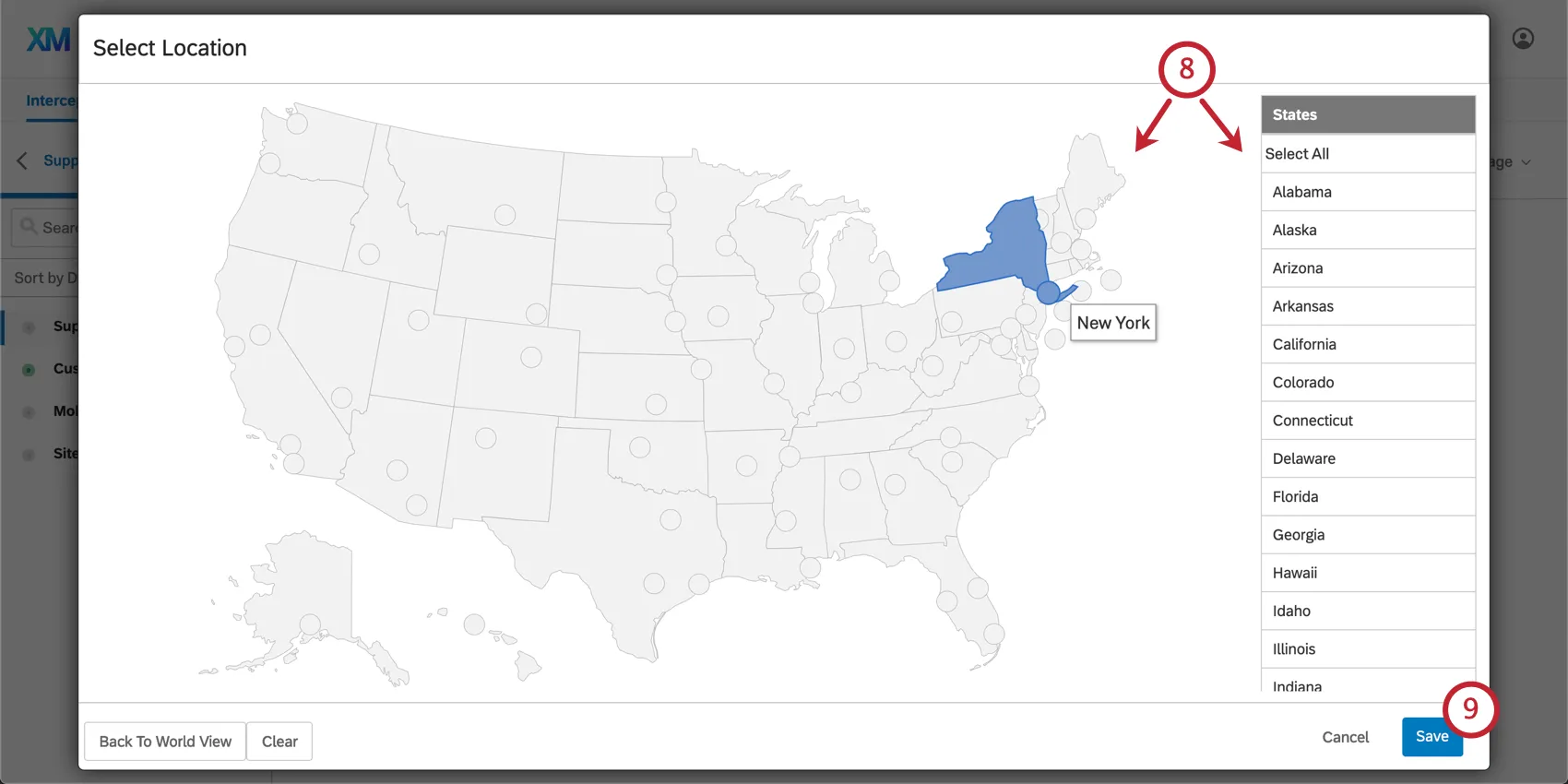 Grey-toned map of the United States with blue Save button on bottom-right