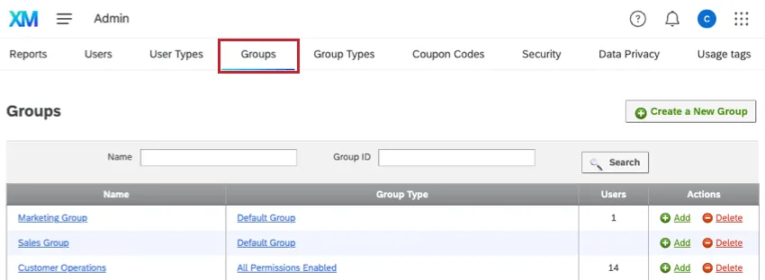 Groups Tab within the Admin page