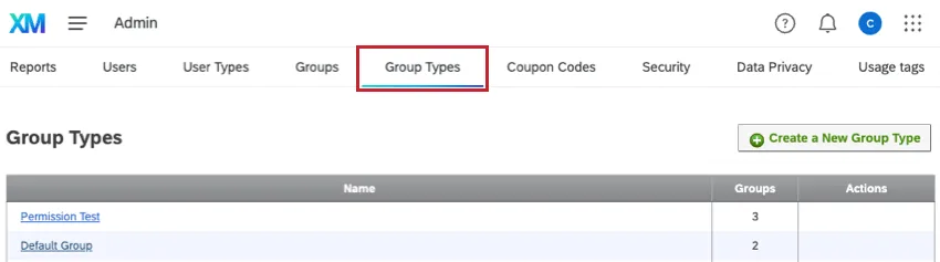 Registerkarte „Gruppentypen“ auf der Seite „Admin“