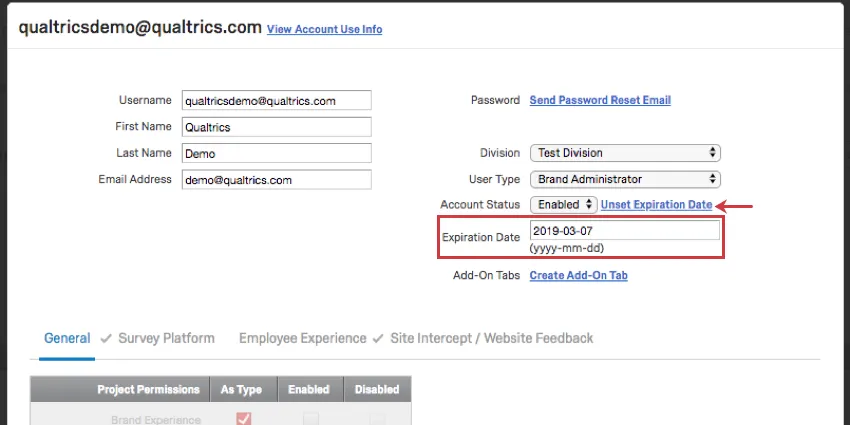 Expiration date with field for entering the date and format provided
