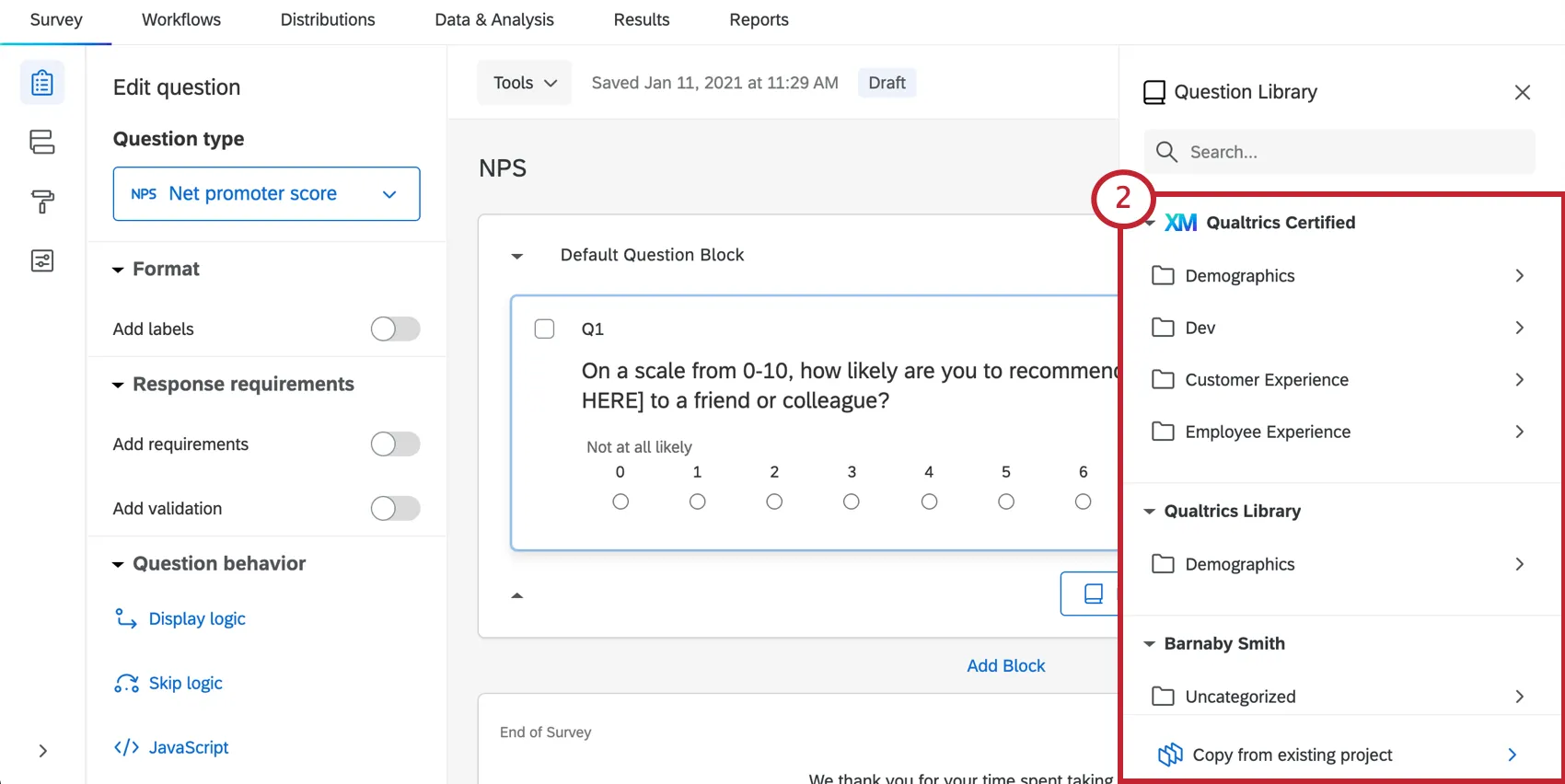 Image of library menu that opens when you are adding a library question in the survey builder