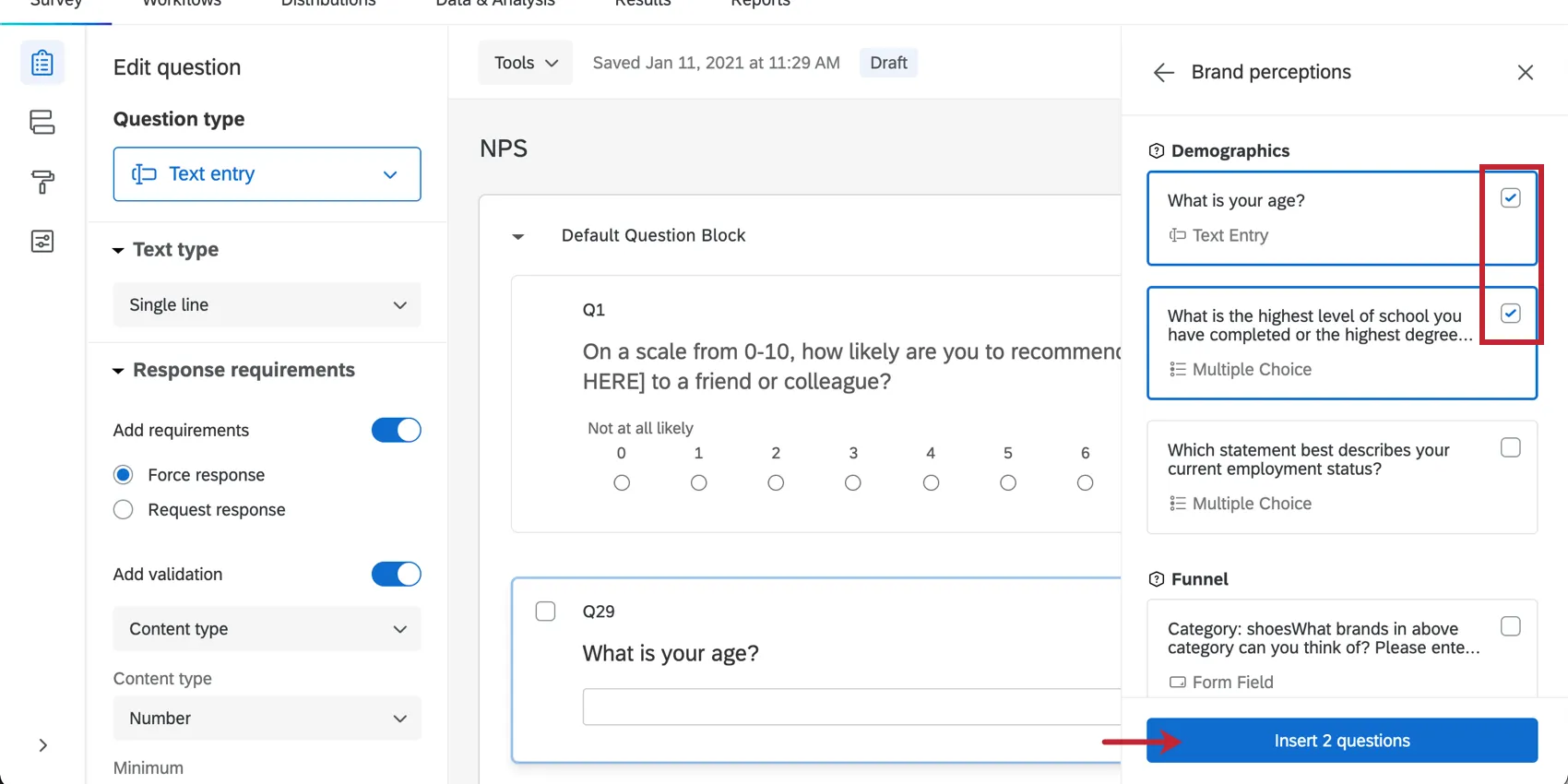 Image of questions selected