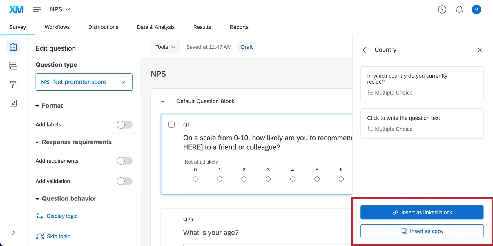 Image of block selected with the questions shown and then the two buttons described, insert as linked block and insert as copy