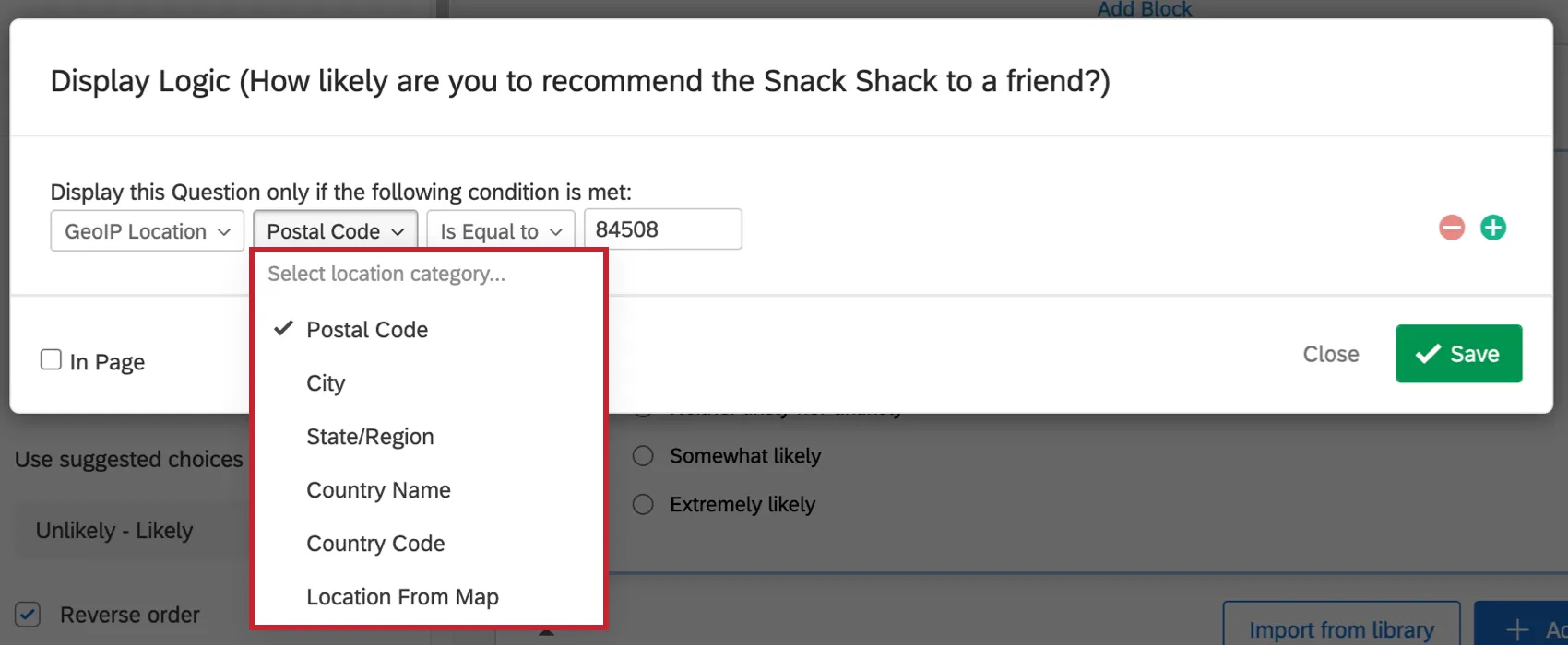 Select a location category / second dropdown expanded to show list