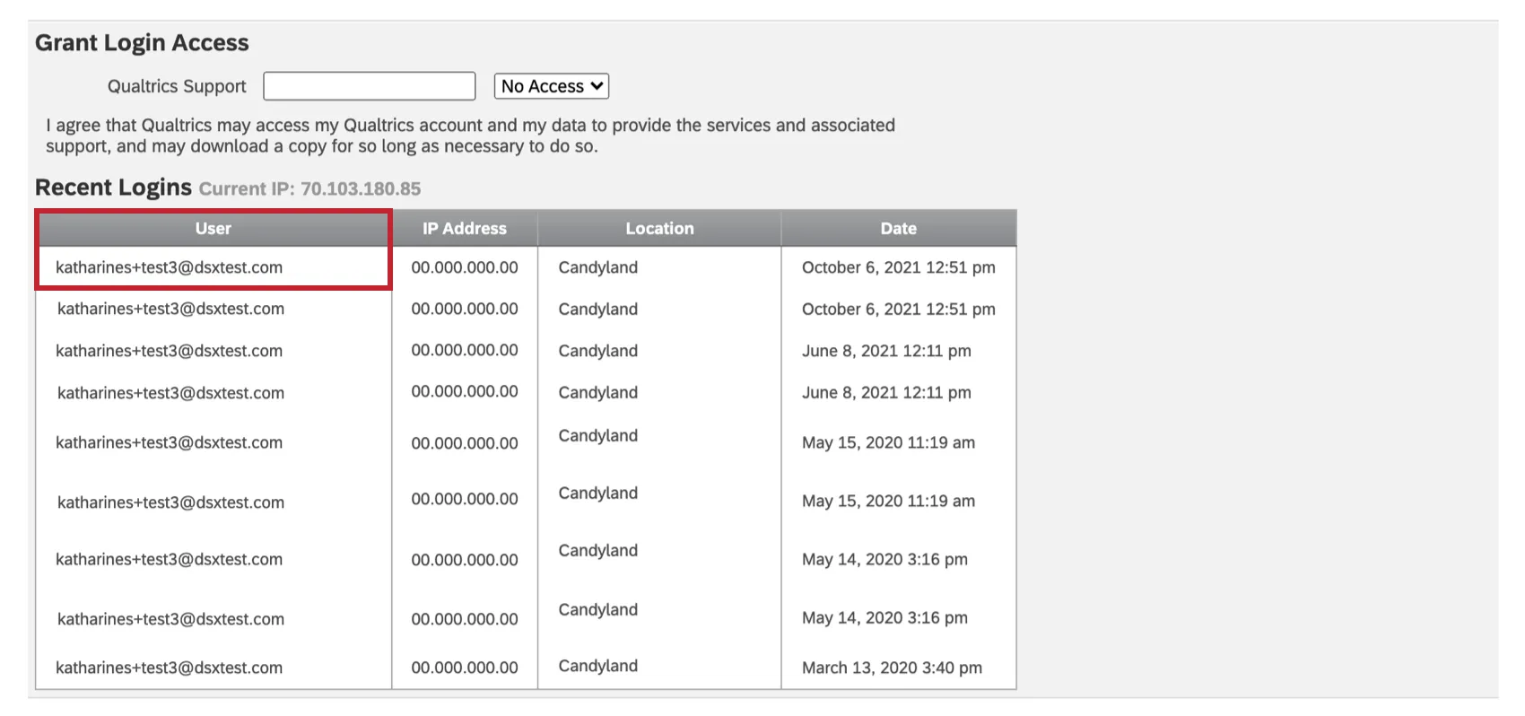 An image of a username in the account settings recent logins