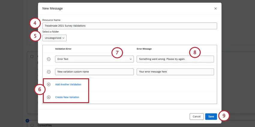 creating a new validation message. the message is given a description, a folder, and error