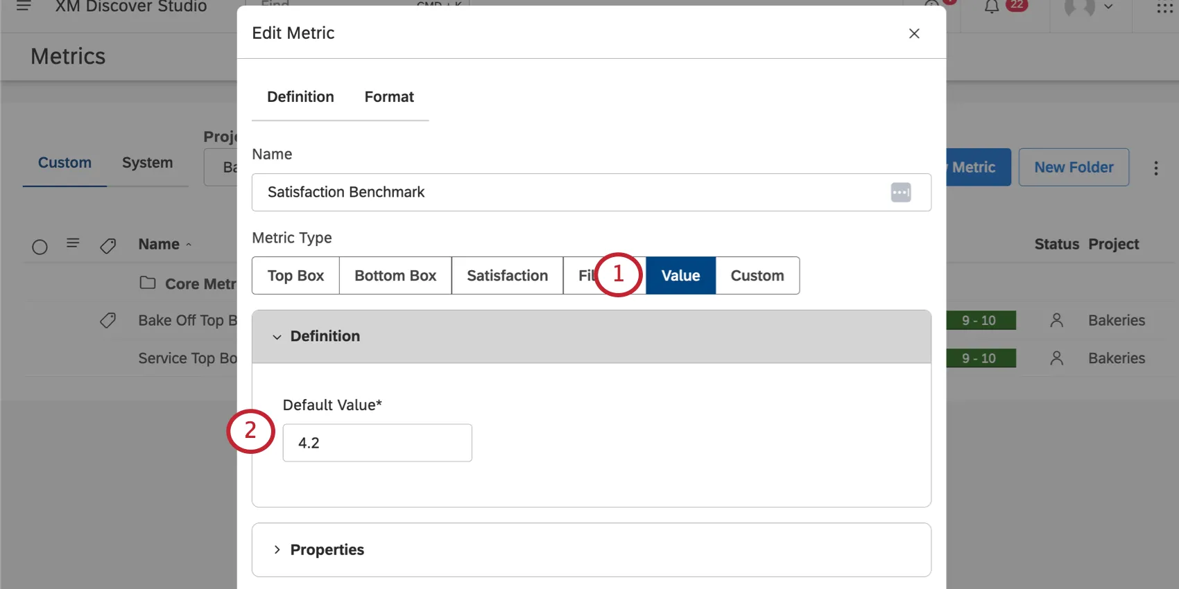 Creating a value metric in the new window that appears