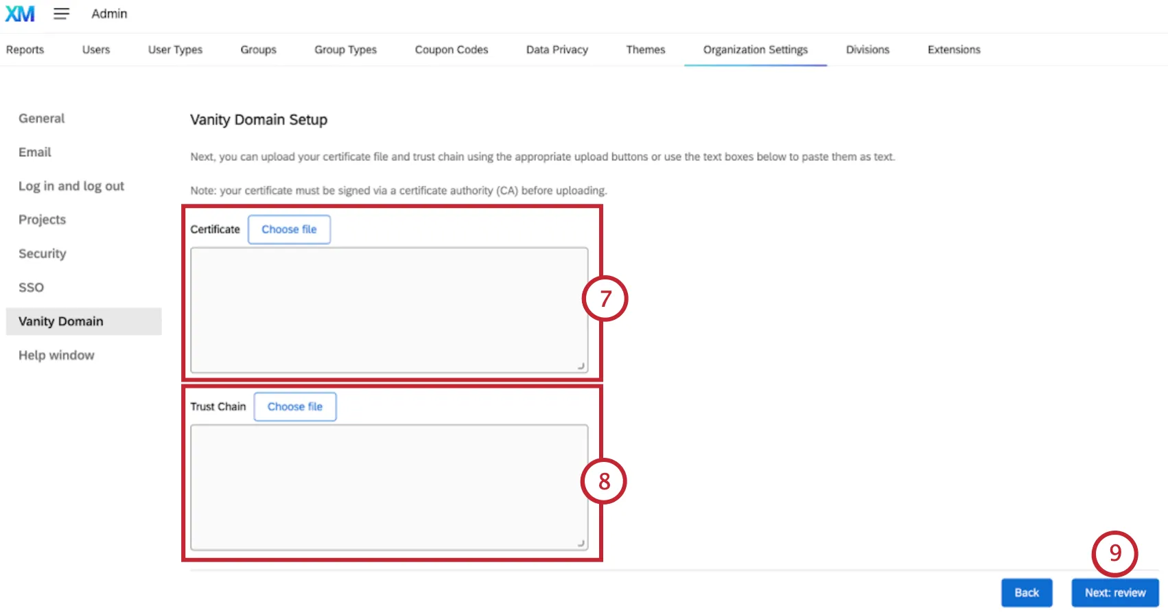 uploading certificate and trust chain