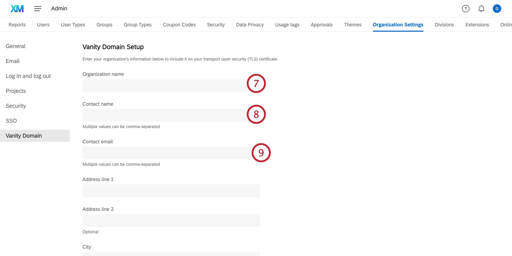 Filling out the vanity domain form information
