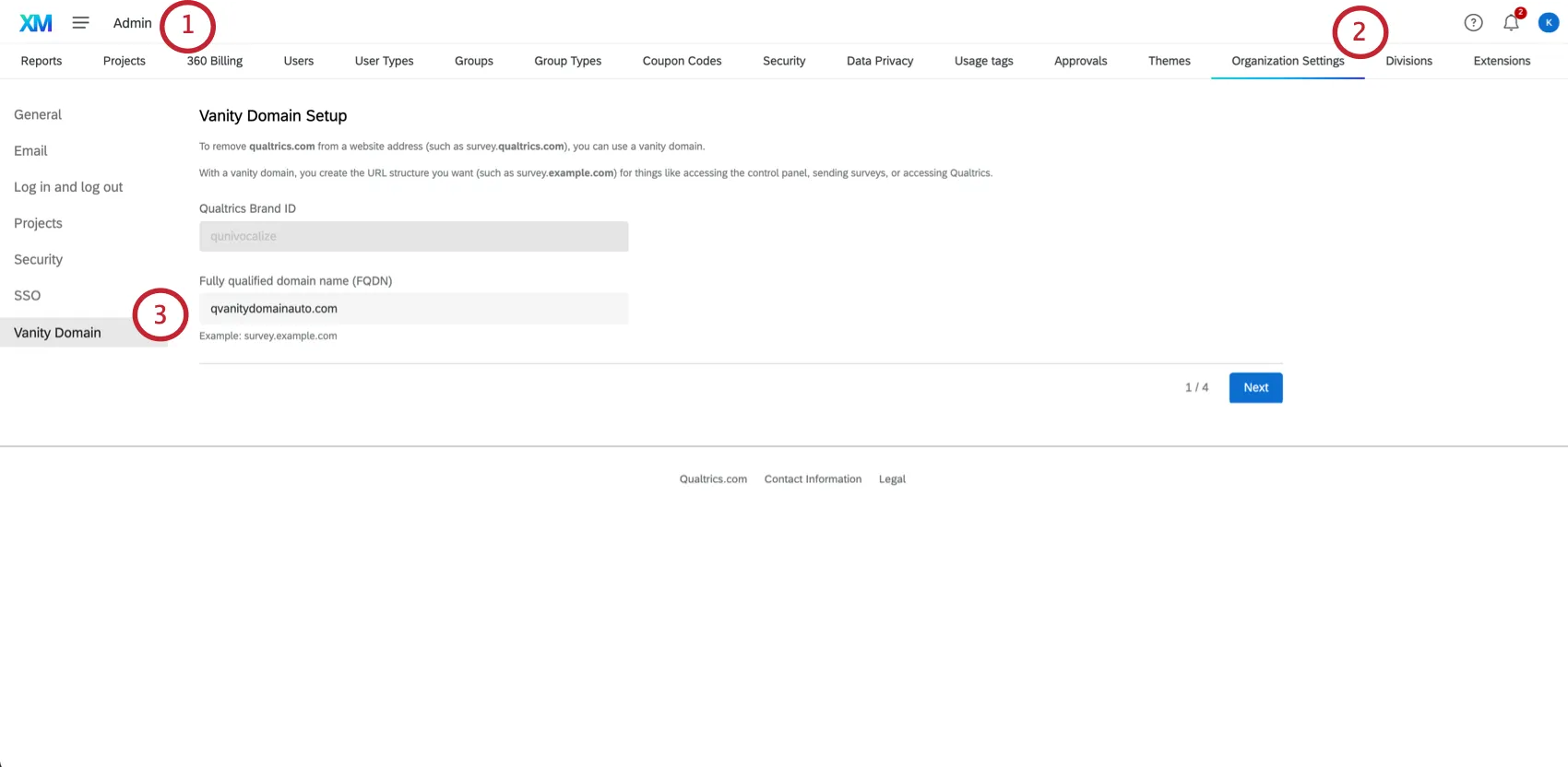 Navigating to the vanity domains in the Admin section