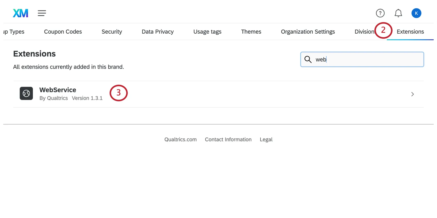 An image of the web service option inside the extensions tab