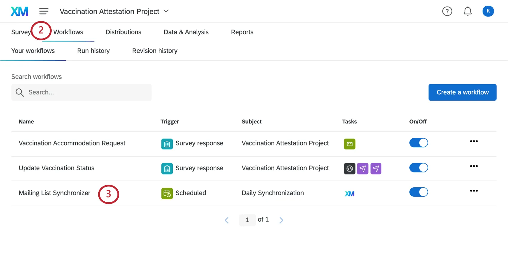 Image of the Mailing list synchronizer in the workflows tab of the survey