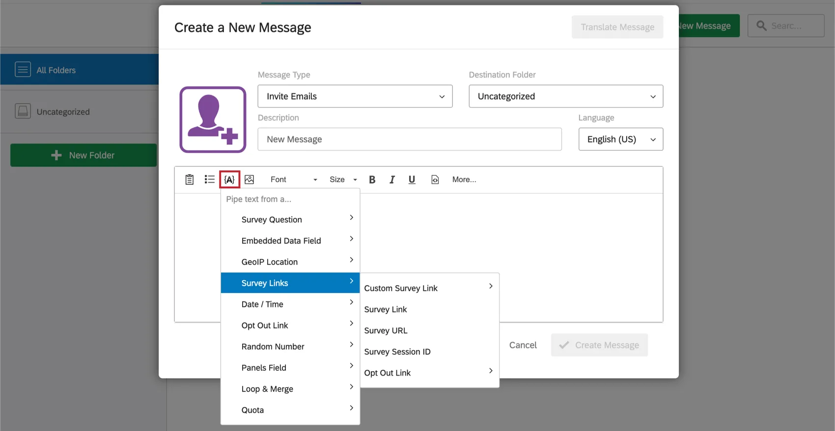Imagen de un mensaje de invitación que se está creando; en el editor de contenido enriquecido donde puede agregar el texto del mensaje, hay un botón para texto dinámico, con opciones de enlace de encuesta