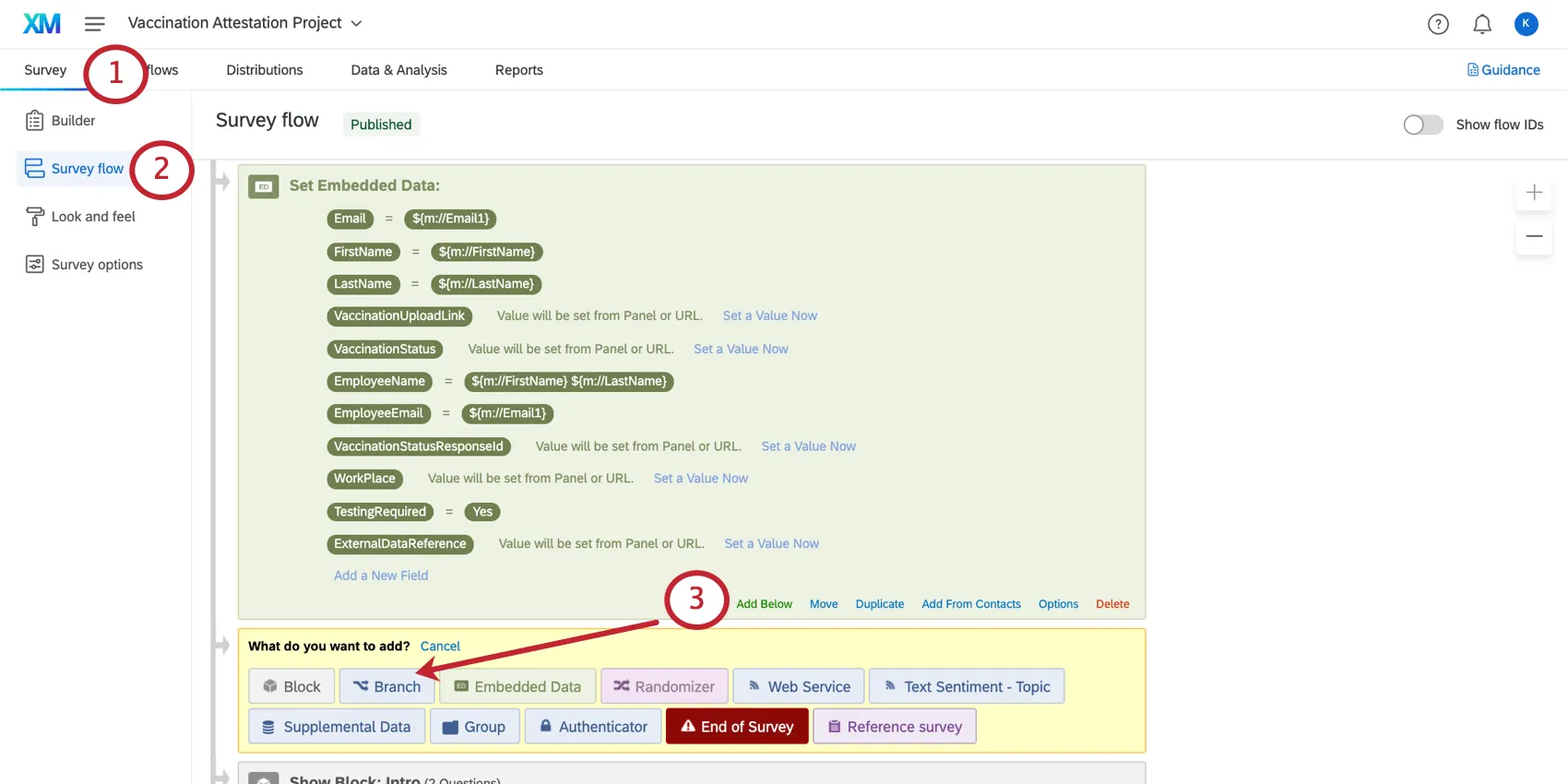 Image of opening the survey flow and adding a new element beneath that first embedded data element