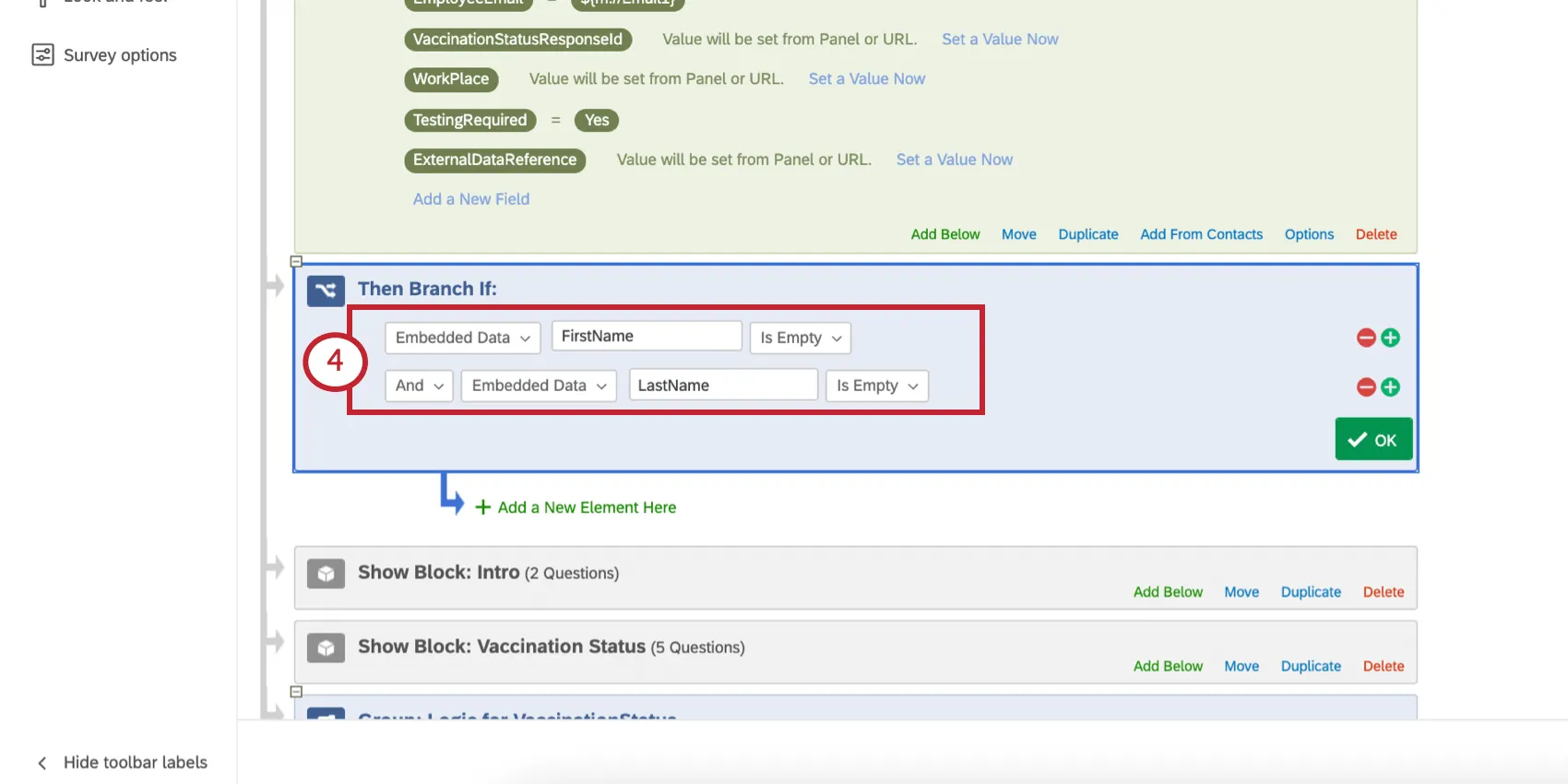 Imagem mostra que a condição ramificação diz exatamente o seguinte: dados integrados firstname estão vazios e dados integrados last name estão vazios