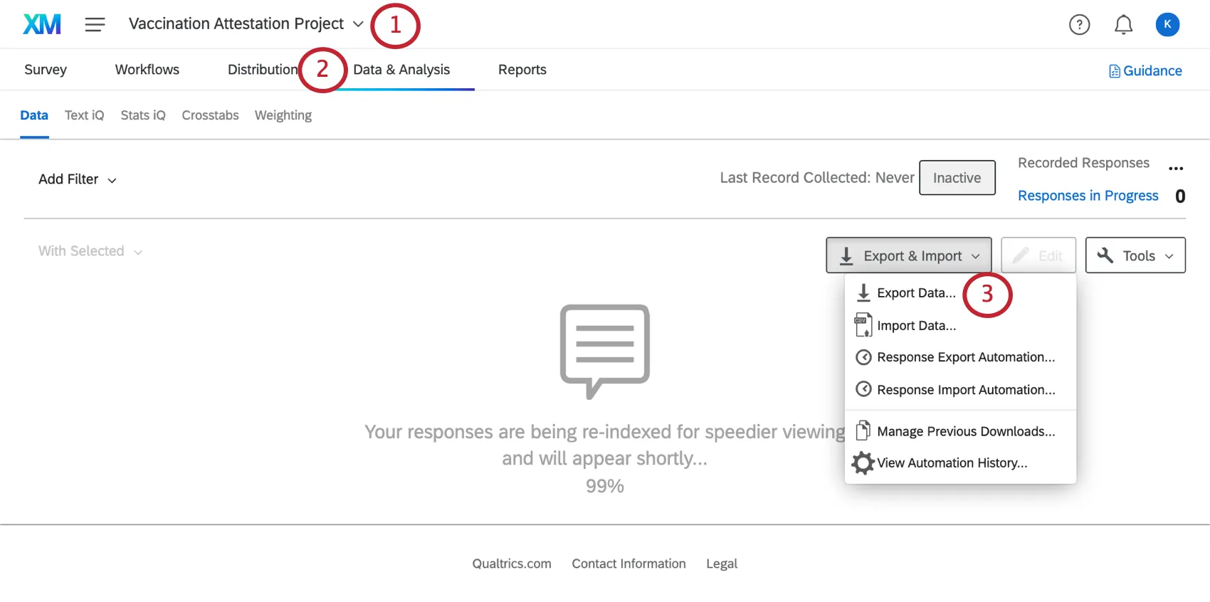 Data and analysis tab of the vaccination survey; option to export data on the right