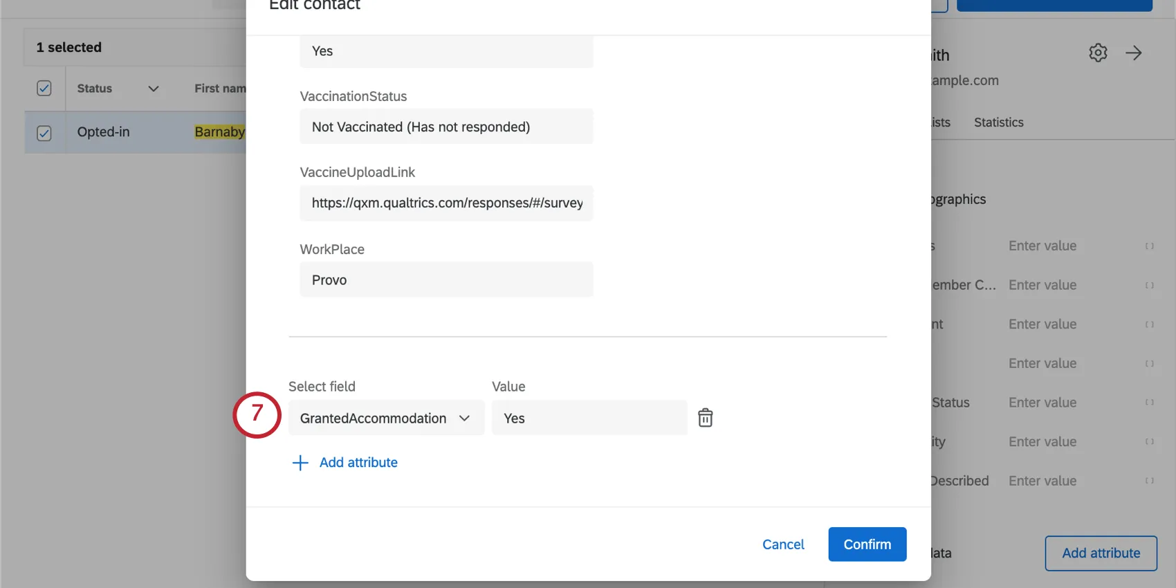 After you click the add attribute button, a window opens where you can add the GrantedAccommodation field and value