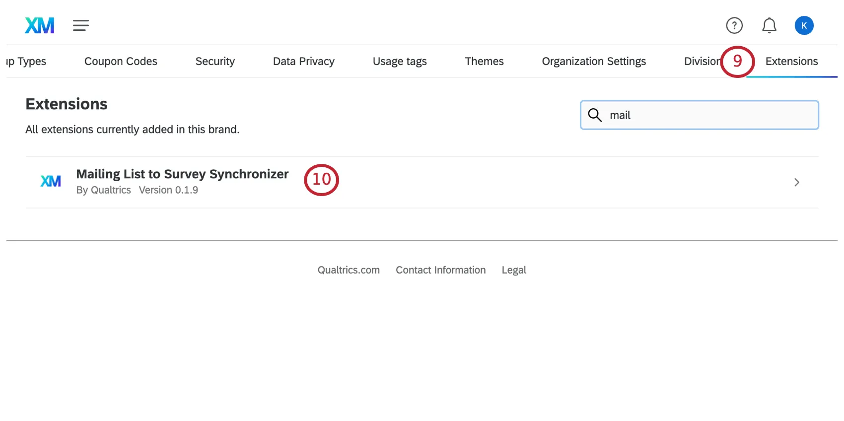 Image of the Extensions tab again, but with "mailing list" searched this time