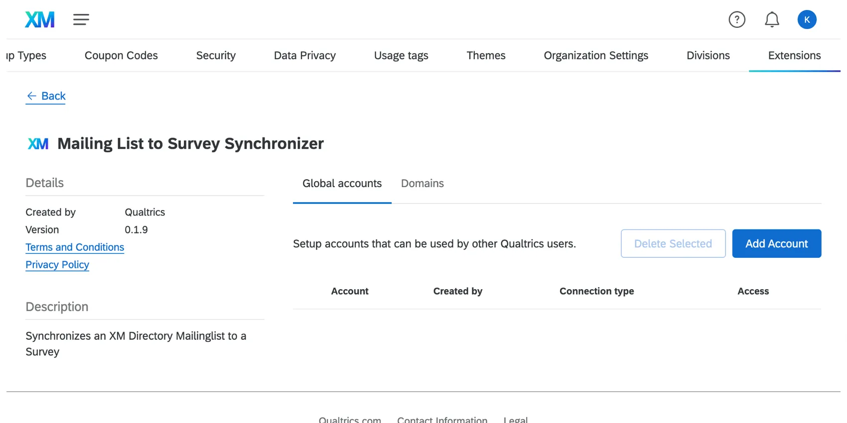 Imagen de la página de credenciales del sincronizador de encuesta de la lista de distribución , que tiene un botón para agregar una cuenta al igual que el del servicio web.