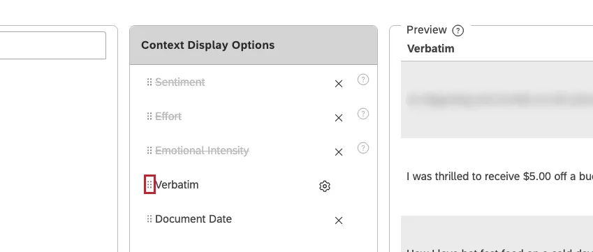 Drag the columns up or down using the move icon in the Context Display Options section to change the order of columns.