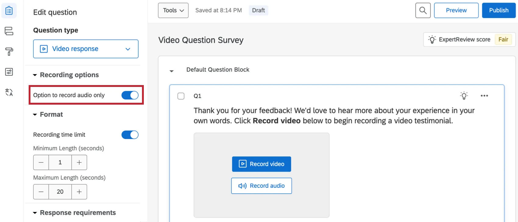 option to allow audio only recording within the survey builder