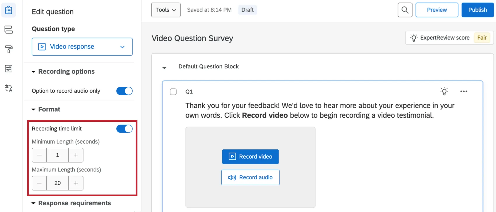 the recording time limit options when building a video question