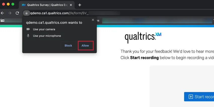 clicar em permitir no pop-up de permissões para permitir que o Qualtrics acesse o microfone e a câmera do dispositivo