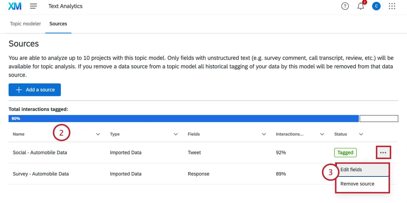 viewing the connected sources and editing them