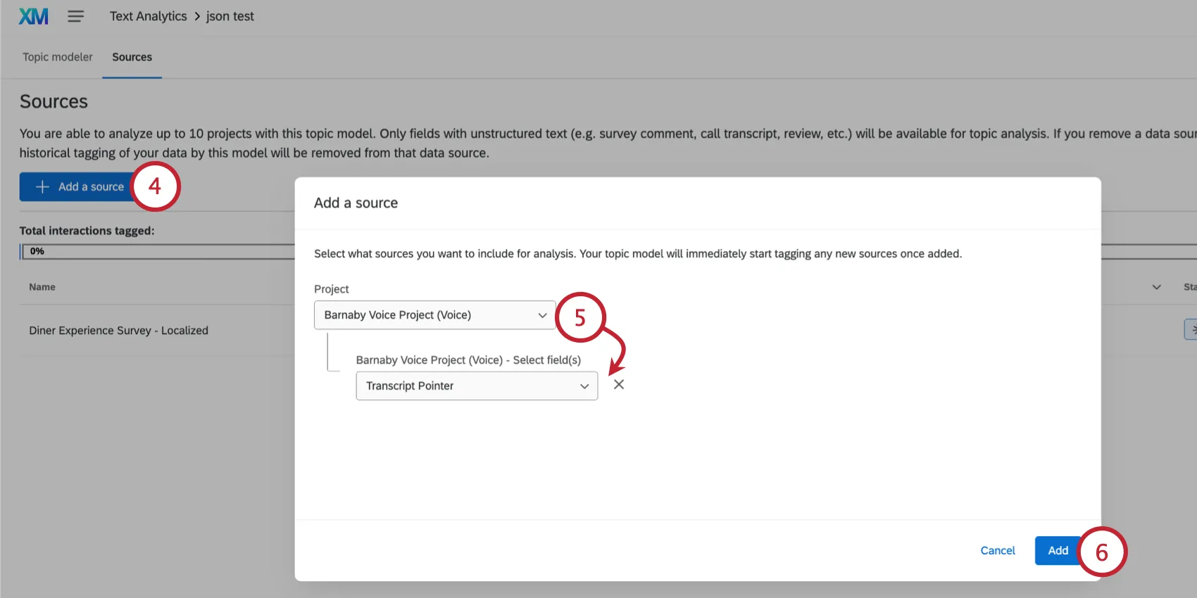 clicking add source and choosing the projects and fields to include