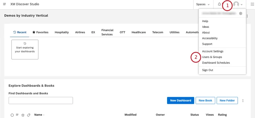 Little person avatar in upper-right of account opens a menu