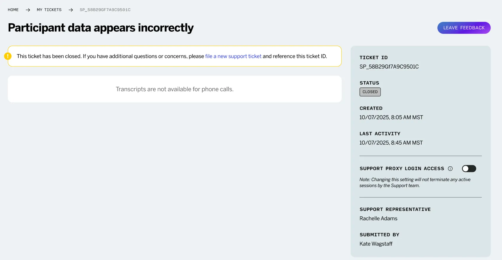 visualizzazione di un ticket telefonico chiuso nellhub