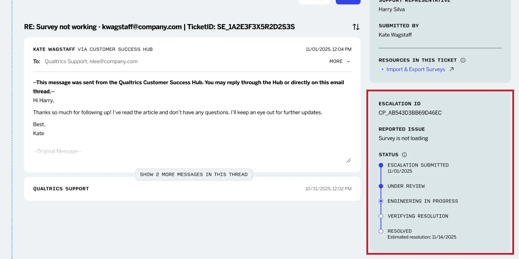 anzeige von Eskalationsinformationen im Ticket des Supports