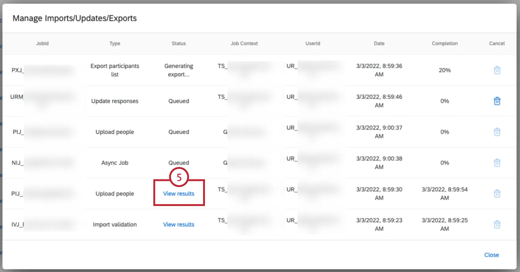 clicking the "view results" link in the Status column