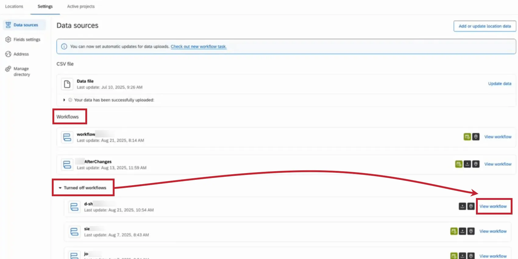 in the settings tab, viewing location workflows