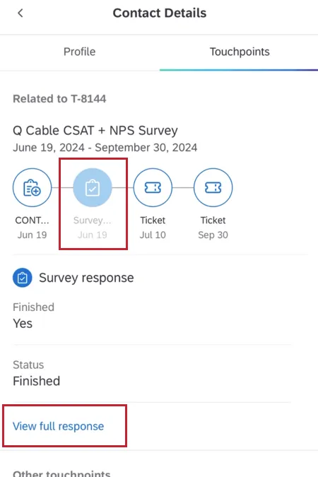 selecting a survey response touchpoint and then "view full response"