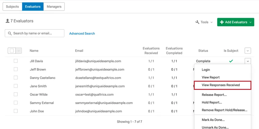 Klicken auf die Dropdown-Liste weiter dem Teilnehmer:in und Anzeigen der Option „Erhaltene Antworten anzeigen“