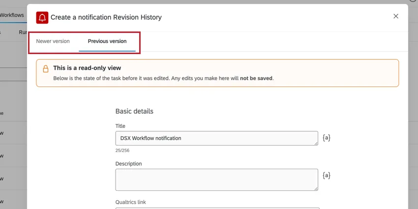 viewing task versions in the read only window
