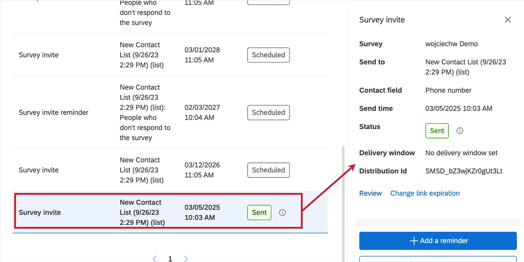 facendo clic su una distribuzione di SMS per visualizzare maggiori informazioni