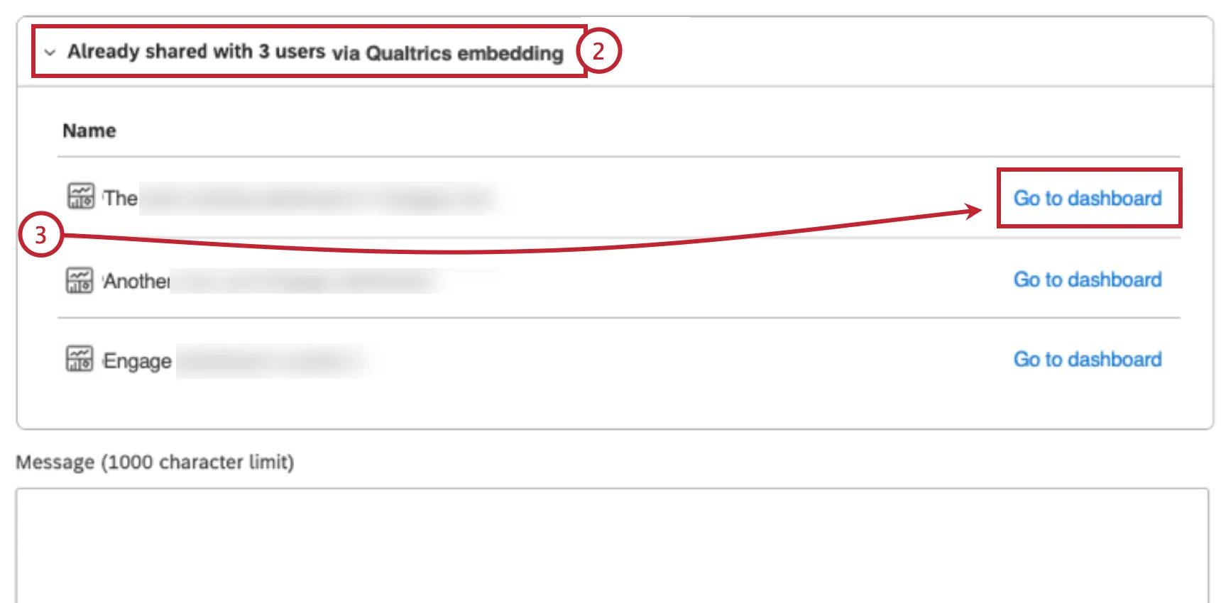 zum bereits eingebetteten abschnitt scrollen, um eine liste der QUALTRICS dashboards anzuzeigen