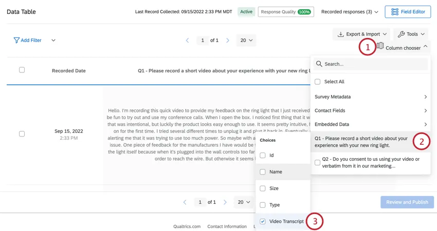 agregar la transcripción utilizando el selector de columnas