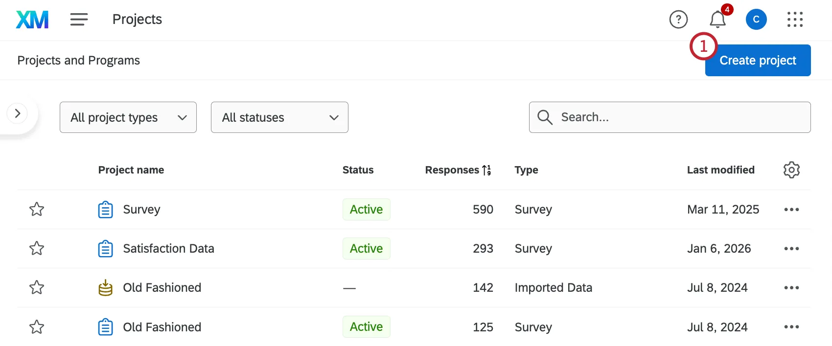 "create project" button within the projects page