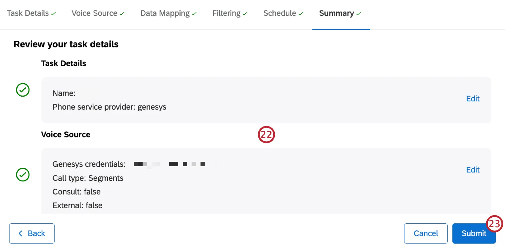 screen with all task details to review before saving the task
