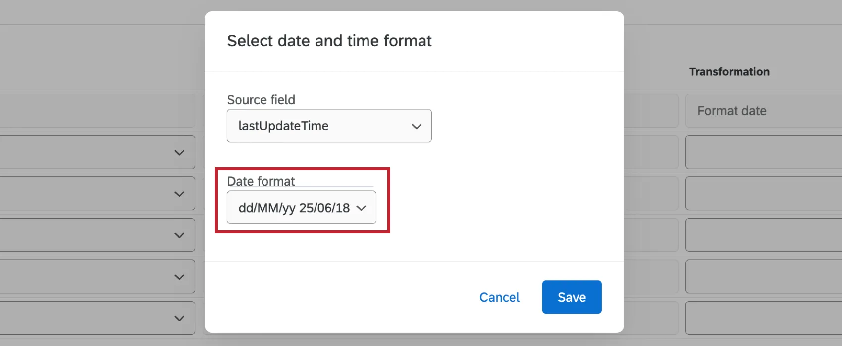 opção de formato de data destacada na janela pop-up de transformação