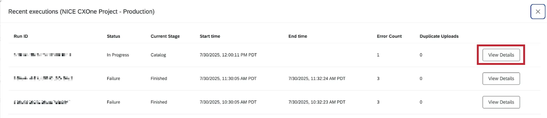 "view details" button next to a past voice task run