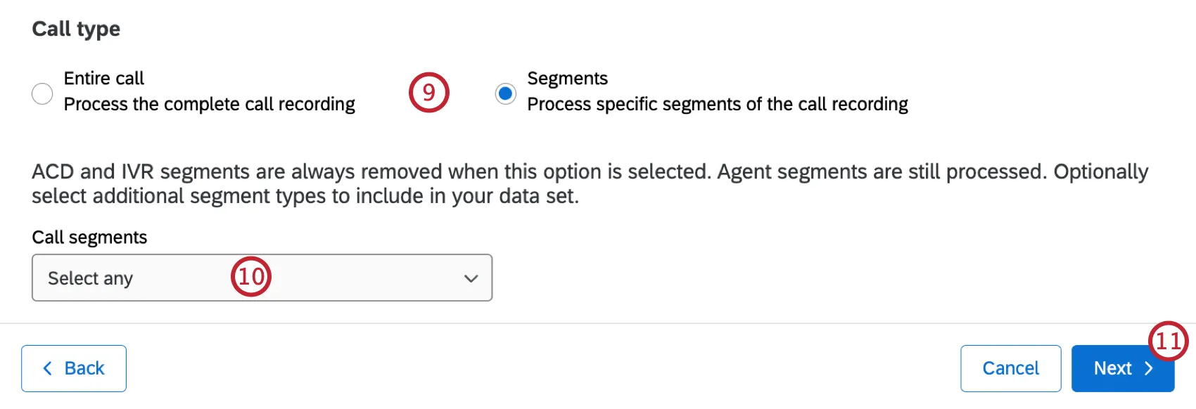 Sélection du type dappel à importer, et menu déroulant pour sélectionner le type de segments à importer si des segments sont sélectionnés