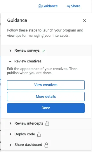 guidance panel on right has sections for creatives, intercepts, and deployment