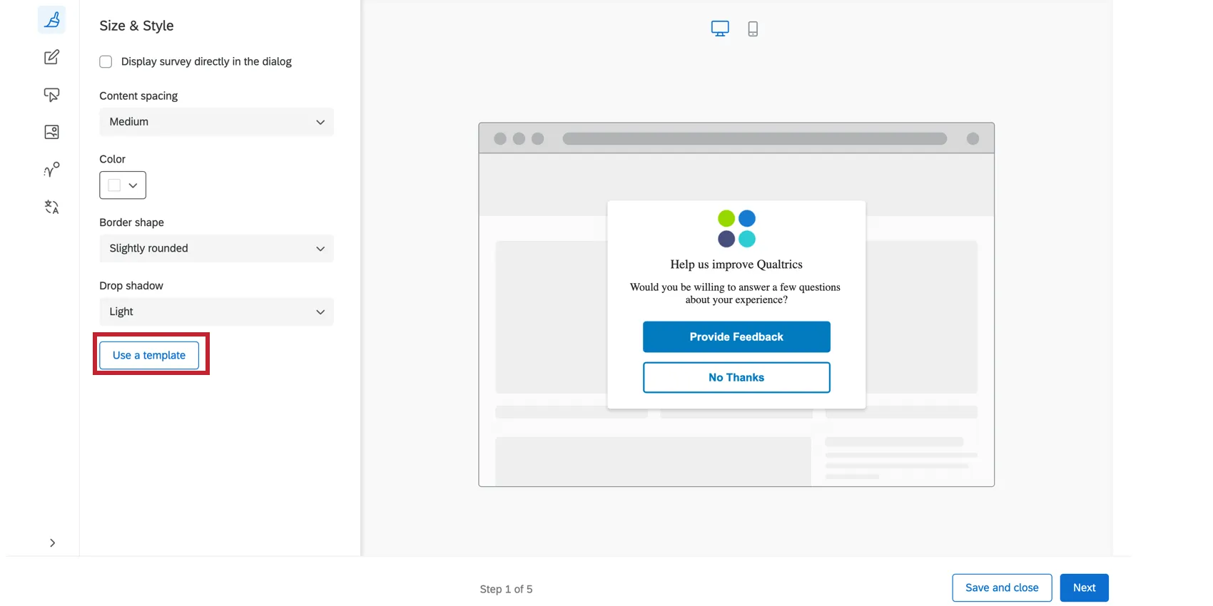 "use template" button at bottom of the page when editing a responsive dialog
