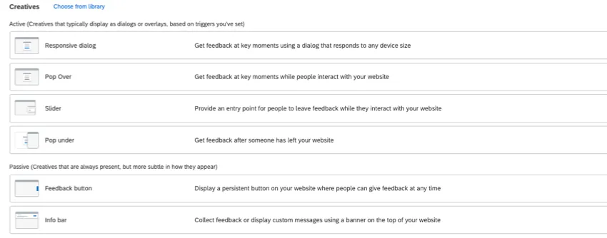 una lista de tipos diseño , incluidos cuadros de diálogo interactivos, ventanas emergentes, controles deslizantes y botones de opinión