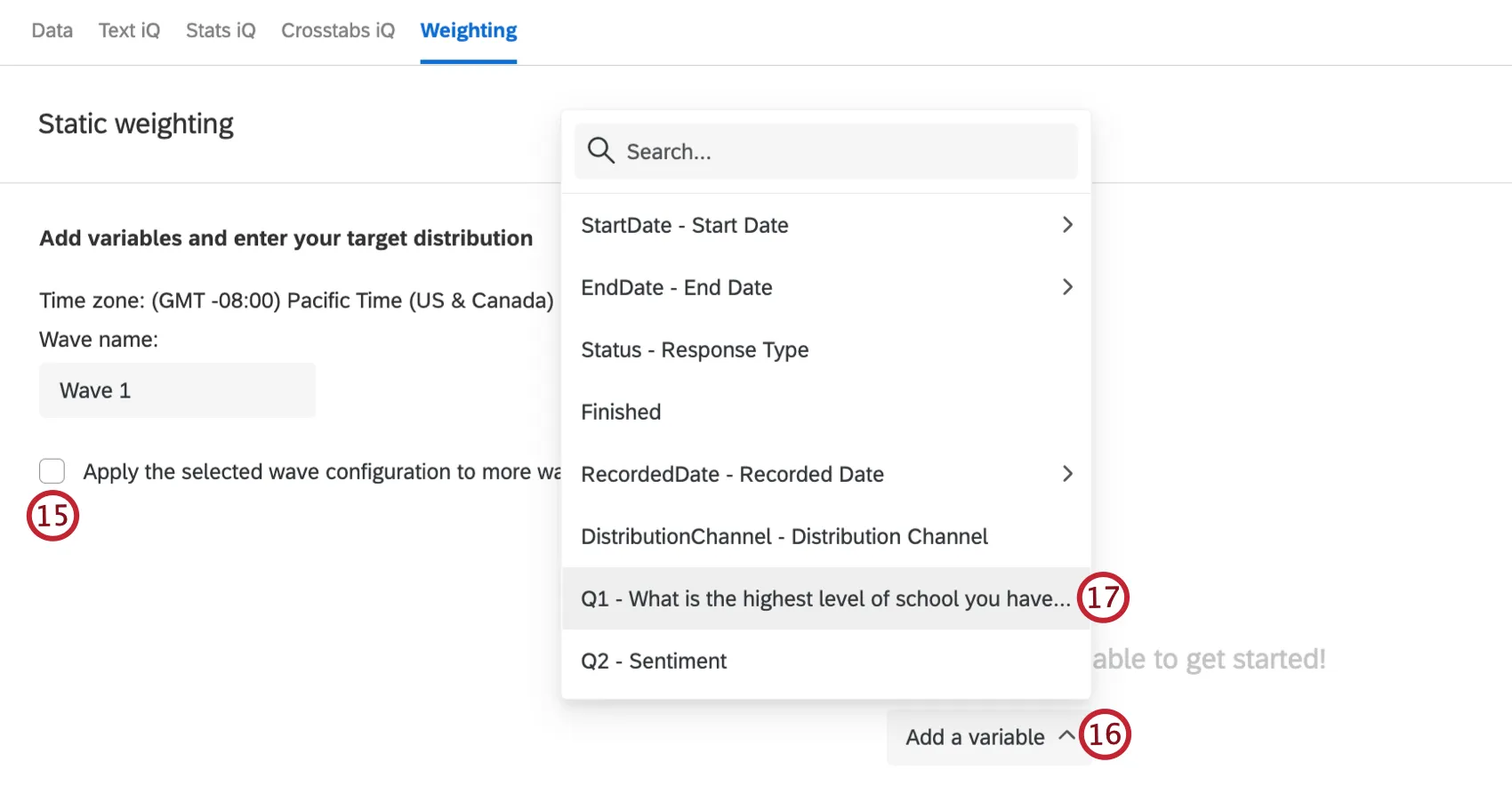 dropdown to select a variable to add from available survey data